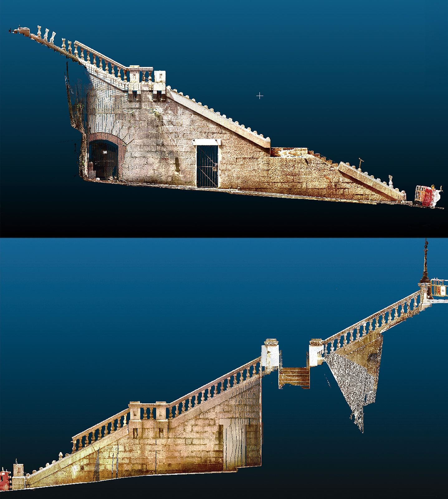 中環都爹利街石階及煤氣路燈被超強颱風破壞後,全賴古蹟辦存檔的三維掃描數據,協助復修工作,令古蹟得以回復舊貌。附圖是古蹟遭颱風破壞後的三維掃描圖像。