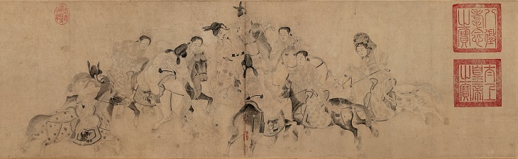 首次在內地以外的地方展出的《明皇擊球圖卷》,生動描繪唐代十分流行的打馬球活動。由於圖卷非常珍貴,只在展覽首兩個月(6月28日至8月27日)展出。(遼寧省博物館藏)