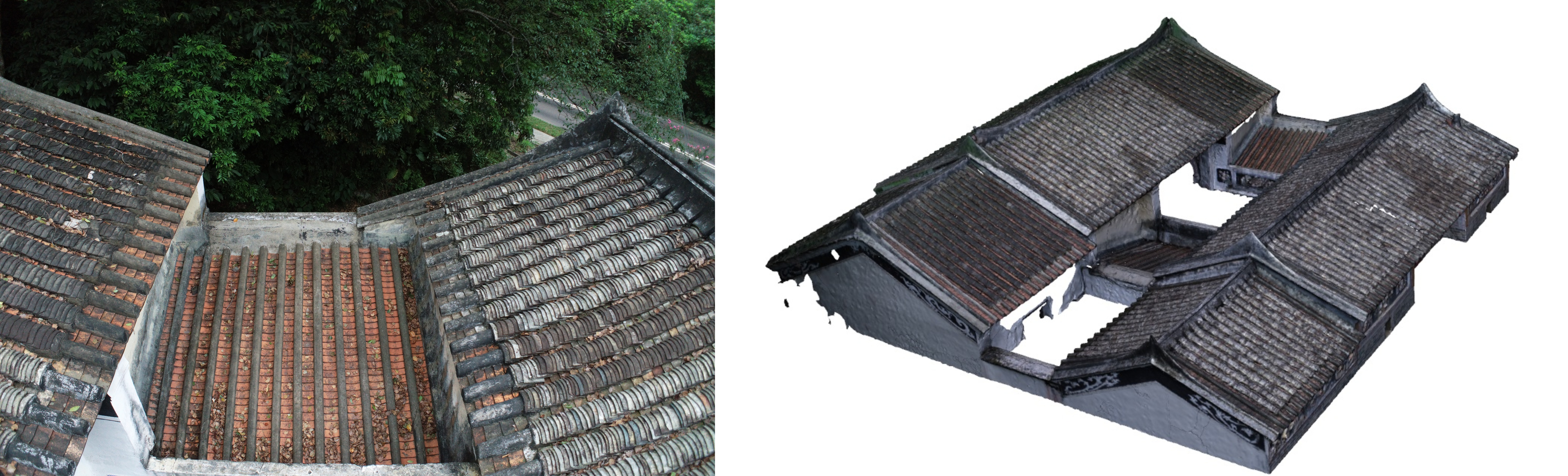 配備全球衛星導航系統及高清鏡頭的無人機，從多角度收集粉嶺長山古寺天面的數據，經專業軟件處理和演算，建構建築物屋頂的三維數碼模型。