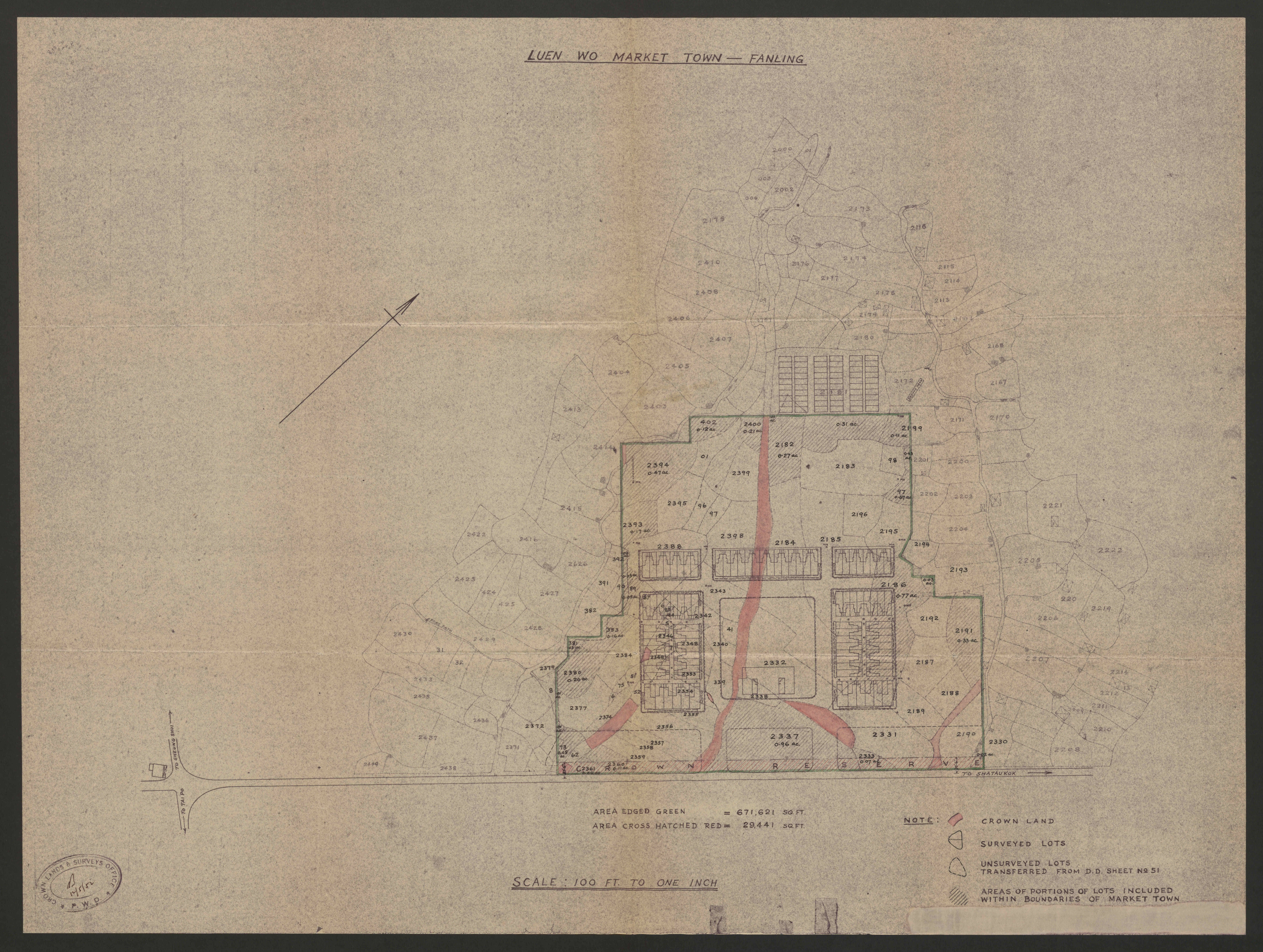 从联和墟的发展规划图则可见其布局工整。（图片来源：政府档案处历史档案馆，HKRS 896-1-57）