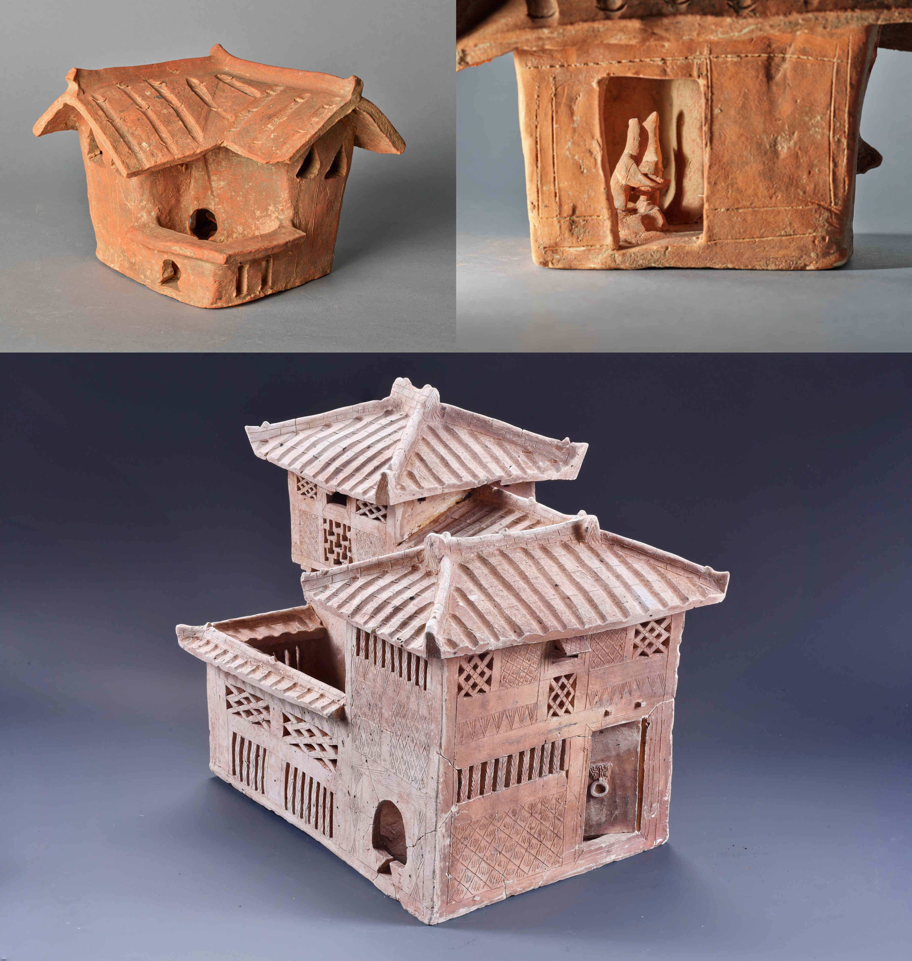 香港及广州汉墓出土的曲尺式陶屋模型，是东汉时期岭南地区常见的民居建筑。（图上：古物古迹办事处藏；图下：广州市文物考古研究院藏）