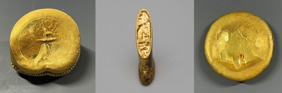 (由左至右)展覽展出的褭蹏金、麟趾金和金餅。(南昌漢代海昏侯國遺址博物館藏)