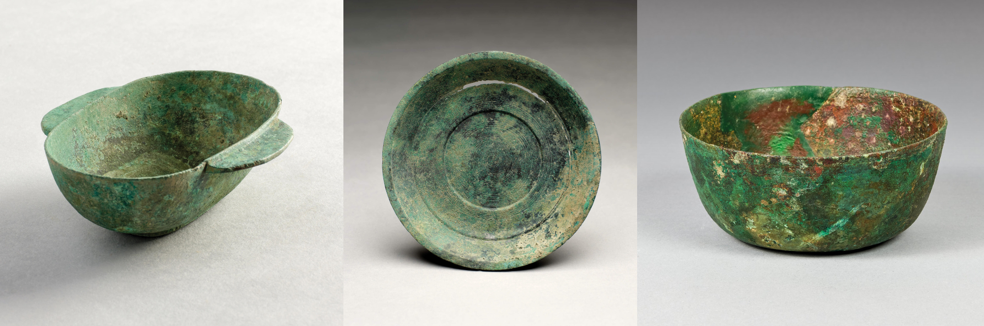 屯門掃管笏遺址出土的青銅耳杯(左)、盤(中),以及李鄭屋漢墓出土的青銅碗(右),同屬東漢時期器物,呈現中原的風格。(古物古蹟辦事處藏)