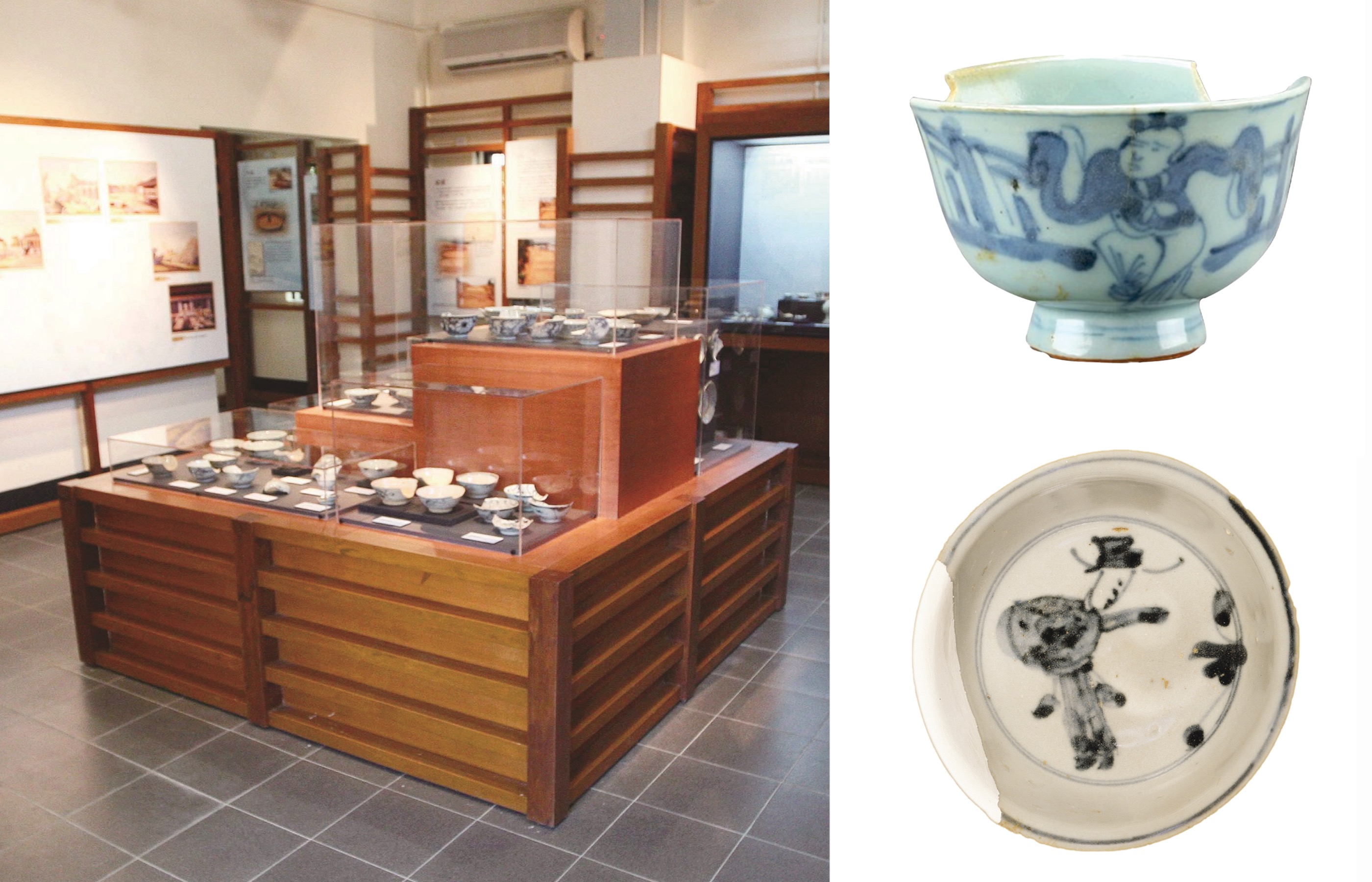 左圖為大埔上碗窰村的展覽,介紹碗窰的歷史及考古發掘;右圖為碗窰出土的青花瓷瓷器。(古物古蹟辦事處藏)