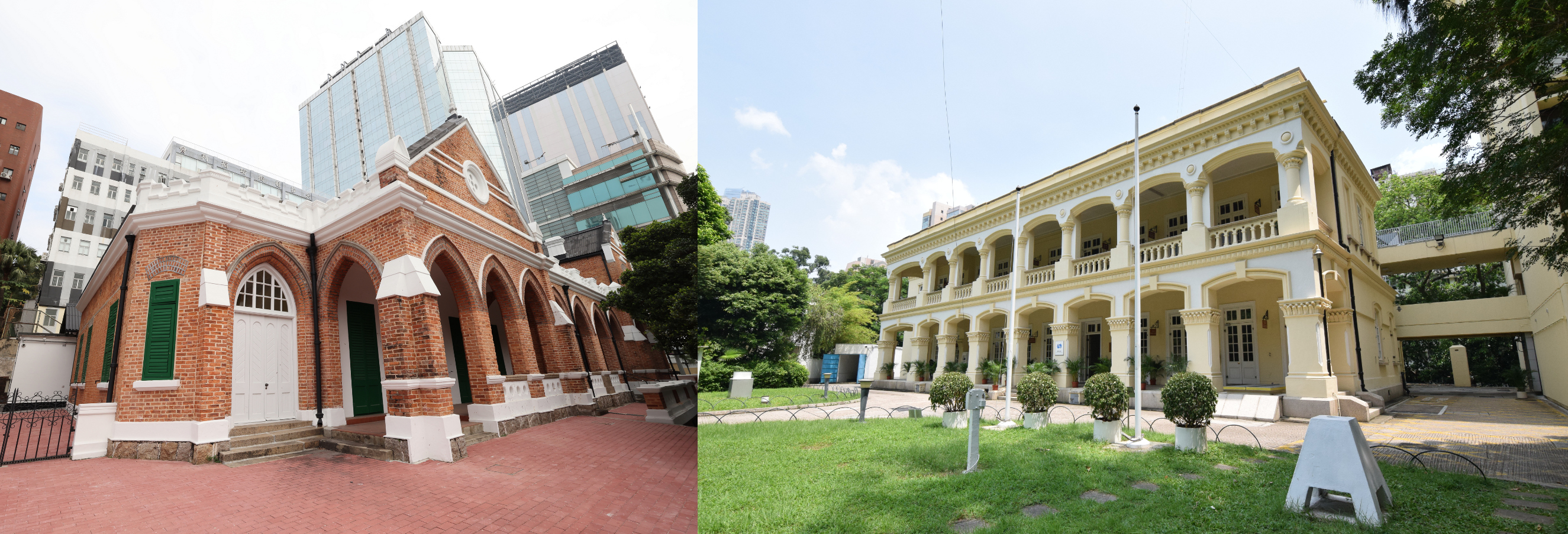 前九龙英童学校(左)及天文台主楼(右)设有宽阔游廊和高楼底,具备良好的通风和防雨功能。