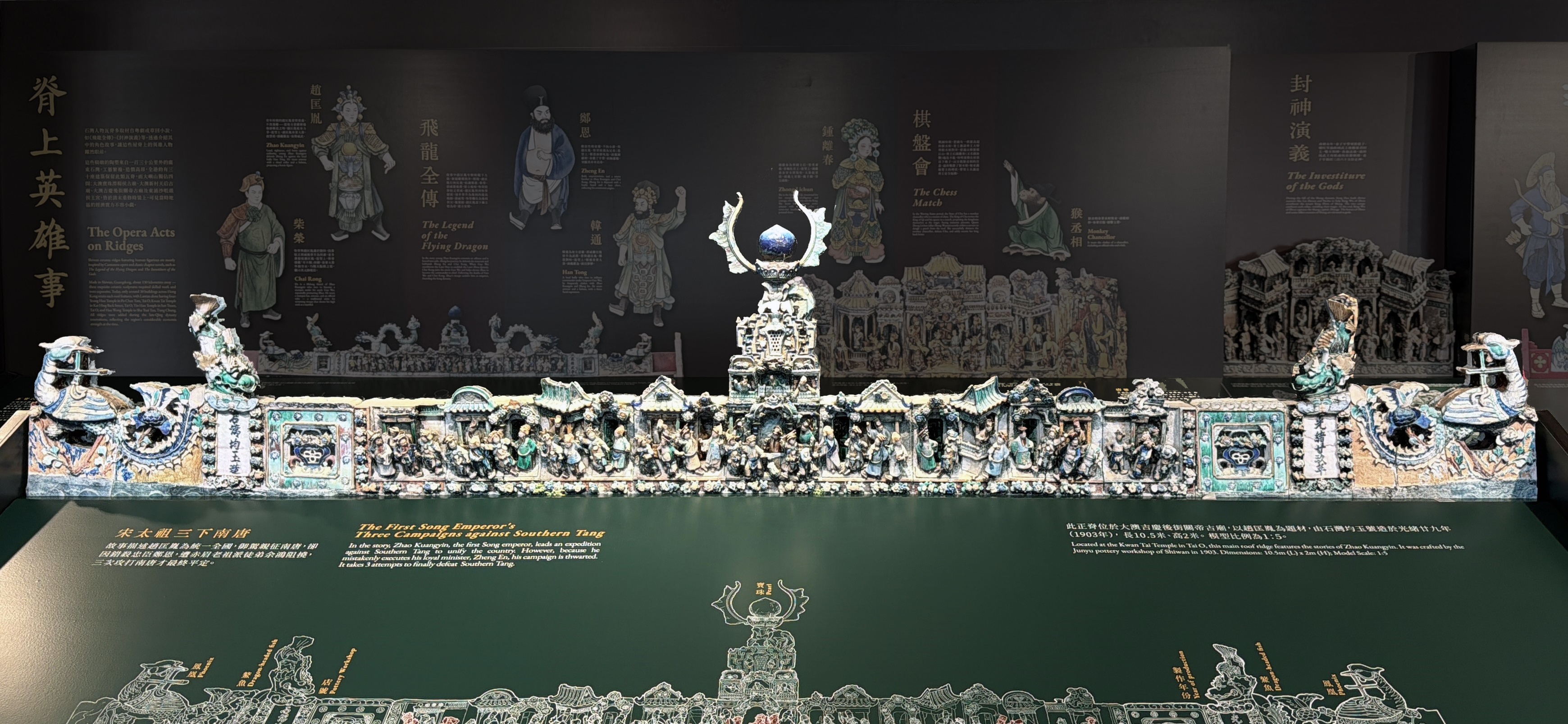 图为大澳吉庆后街关帝古庙第一进正脊陶塑的三维打印模型,是展览另一组精彩的陶塑脊饰模型,让观众能近距离欣赏其精细的细节。