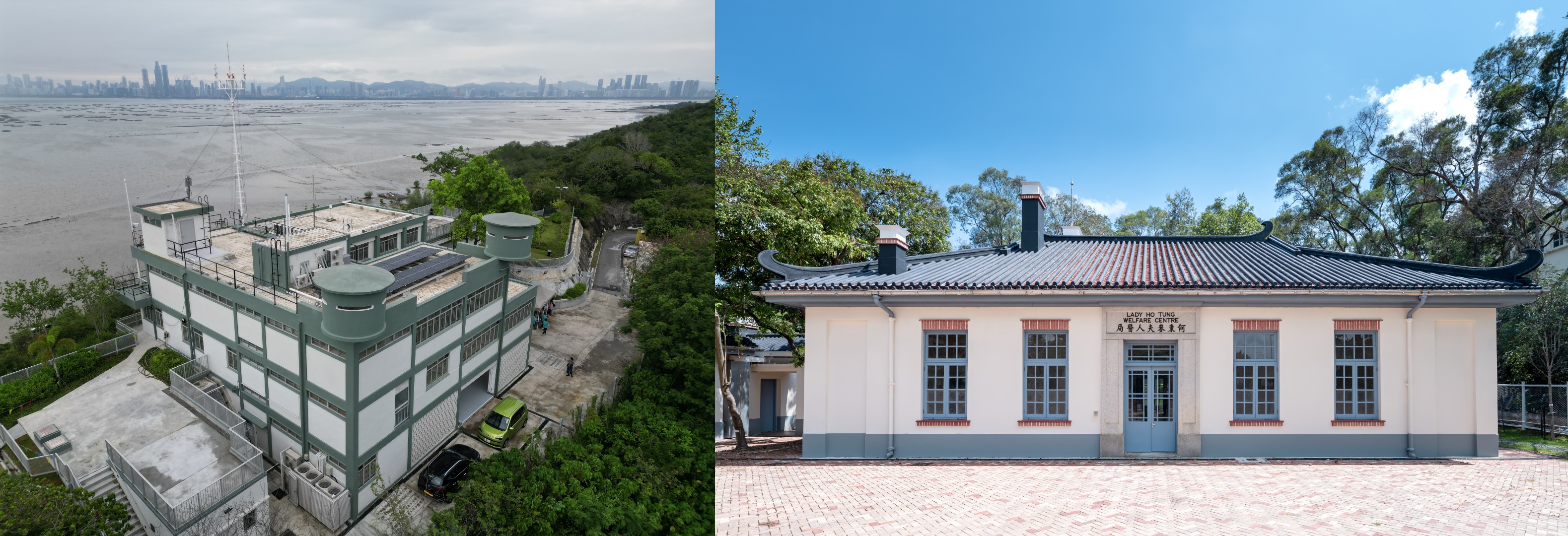 活化后的前流浮山警署(左),原有建筑特色得以保留,并被赋予新使命。何东夫人医局(右)糅合了中西的建筑风格。