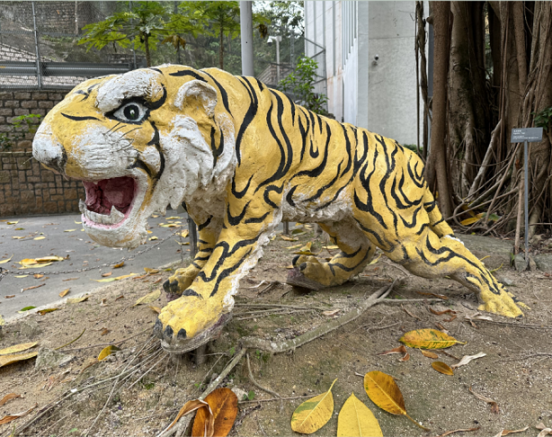大宅現時入口處的戶外空間展示了老虎塑像。