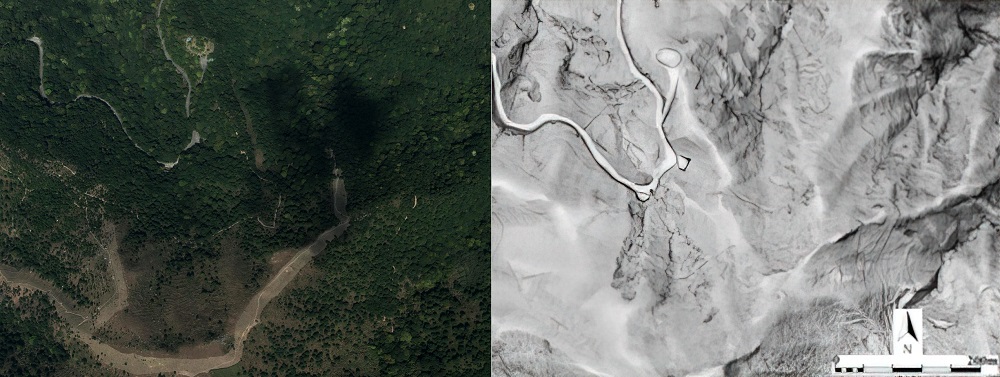 航拍照顯示大帽山近貌,透過光學雷達(LiDAR)可穿透樹木和叢林,重現人工階梯地貌。(圖片來源:(左)測繪處2022年航拍照;(右)土木工程拓展署2020年光學雷達測量數據,版權屬香港政府。) 航拍照顯示大帽山近貌,透過光學雷達(LiDAR)可穿透樹木和叢林,重現人工階梯地貌。(圖片來源:(左)測繪處2022年航拍照;(右)土木工程拓展署2020年光學雷達測量數據,版權屬香港政府。)