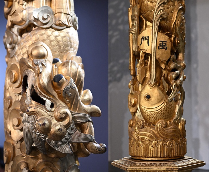 龍柱上刻有龍（左）及「禹門」和魚（右）