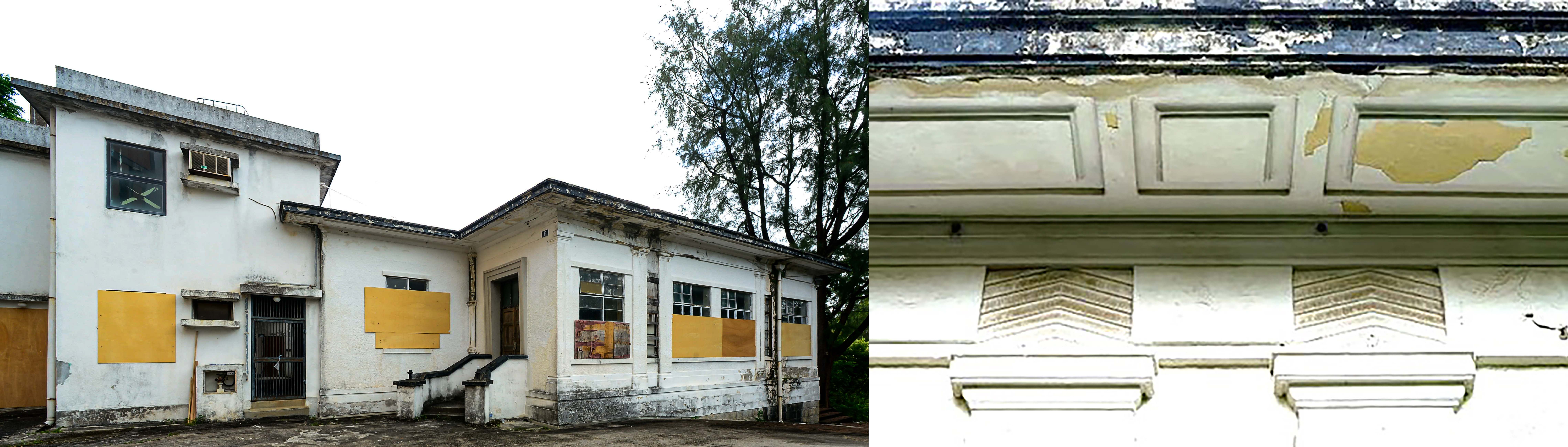 (圖左)Watervale House主樓西面和南面立面有寬闊鋼窗,窗戶左右兩旁是半露的雙壁柱,柱身有垂直坑紋。(圖右)柱頭上有幾何紋飾,帶有古典元素。 (圖左)Watervale House主樓西面和南面立面有寬闊鋼窗,窗戶左右兩旁是半露的雙壁柱,柱身有垂直坑紋。(圖右)柱頭上有幾何紋飾,帶有古典元素。