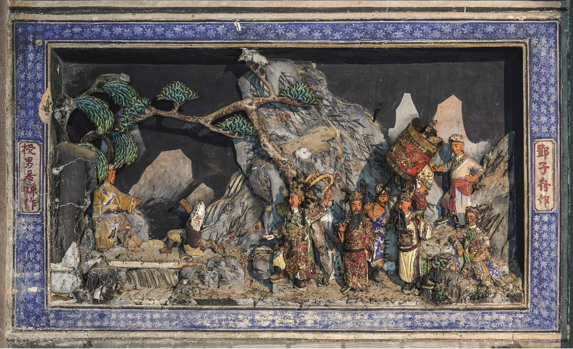 魯班先師廟內「周文王渭水訪賢」(即姜太公釣魚)灰塑,為鄧子舟、鄧居謙父子的作品。 魯班先師廟內「周文王渭水訪賢」(即姜太公釣魚)灰塑,為鄧子舟、鄧居謙父子的作品。