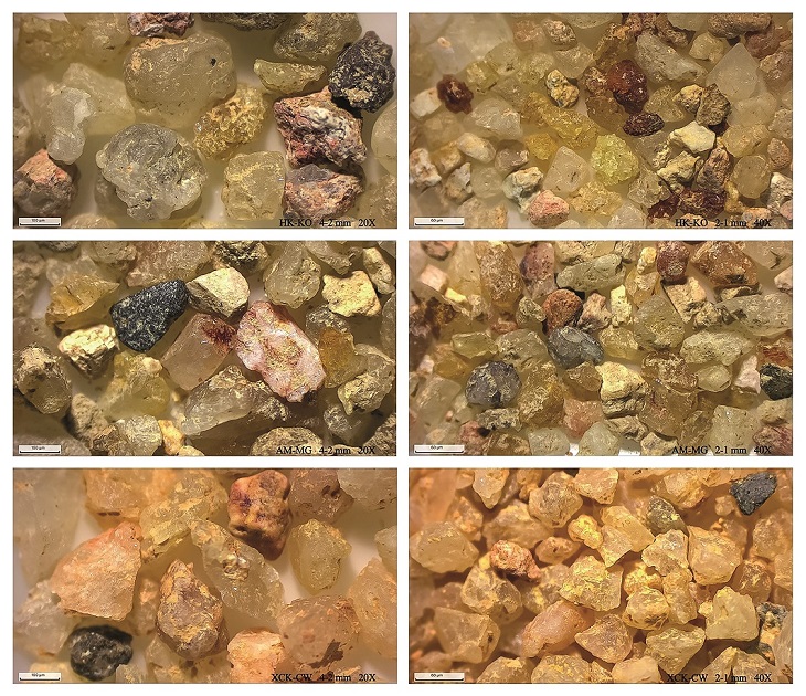 香港(上)、澳門(中)和珠海(下)的夯土樣本中的顆粒,放大後的對比。(照片提供:葉健雄博士)