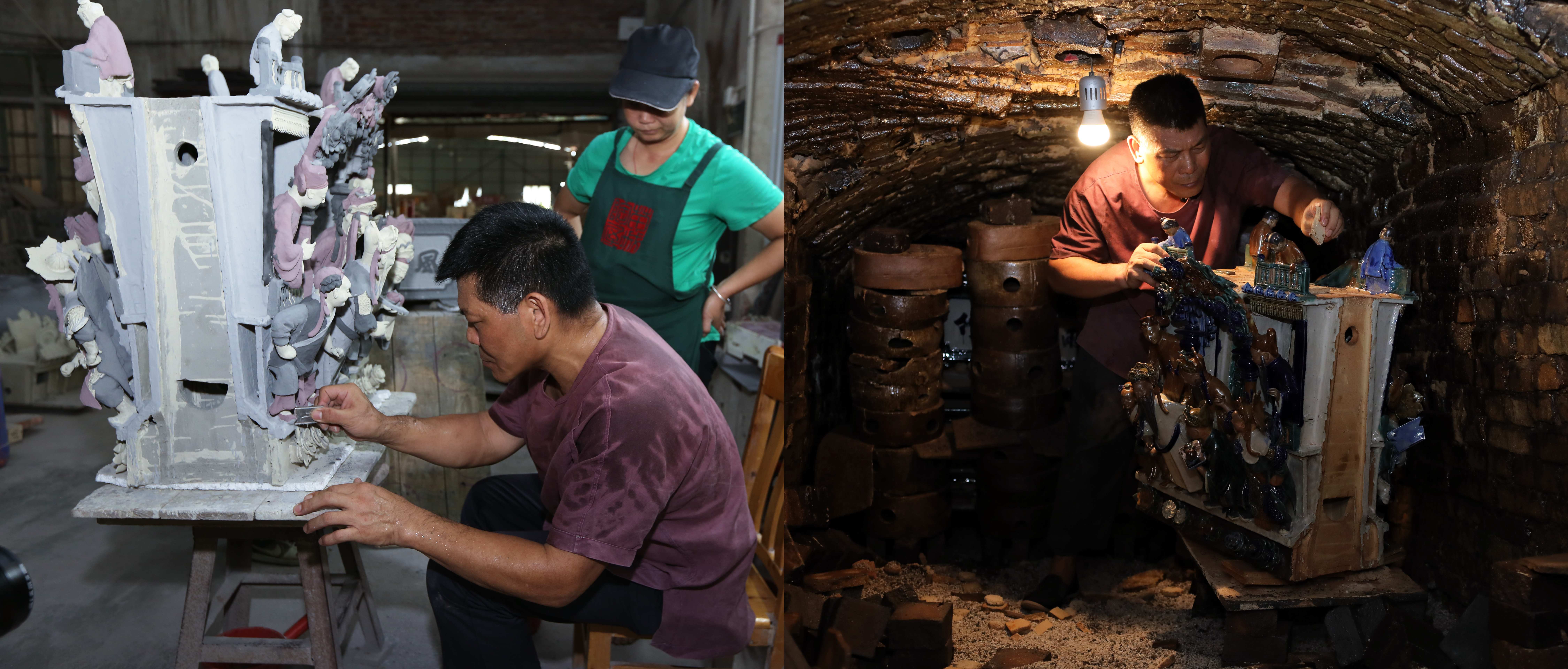 廣東省省級非物質文化遺產(古建築陶塑瓦脊製作技藝)傳承人何湛泉師傅於瓦脊構件入窯燒製前,仔細檢查構件狀況(左);構件燒製後準備出窯(右)。