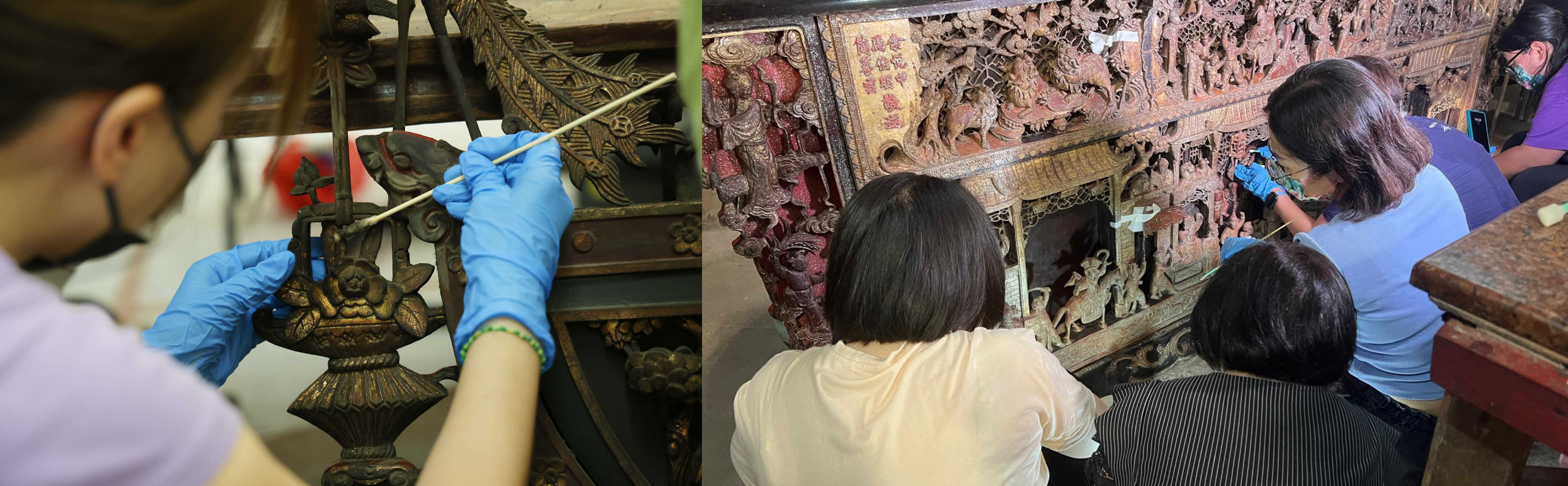 古蹟辦邀請文物修復專家彭惠玲,安排多節工作坊,讓參加者參與復修廟內彩門(圖左)及神案(圖右)。