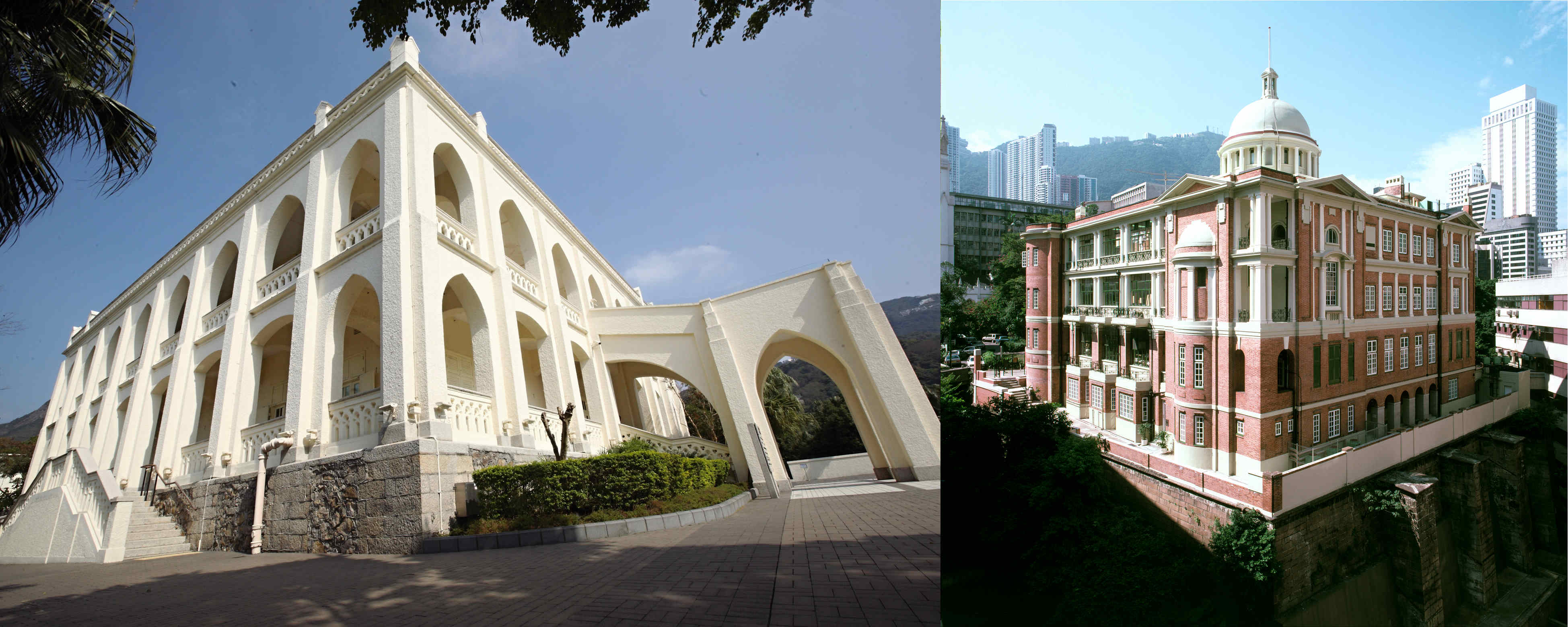 香港演藝學院伯大尼校園(左)原為伯大尼修院,具新哥德式建築風格,設計布局對稱。前法國外方傳道會大樓(右)以花崗石和紅磚建成,至今仍保留不少具歷史價值的建築特色。