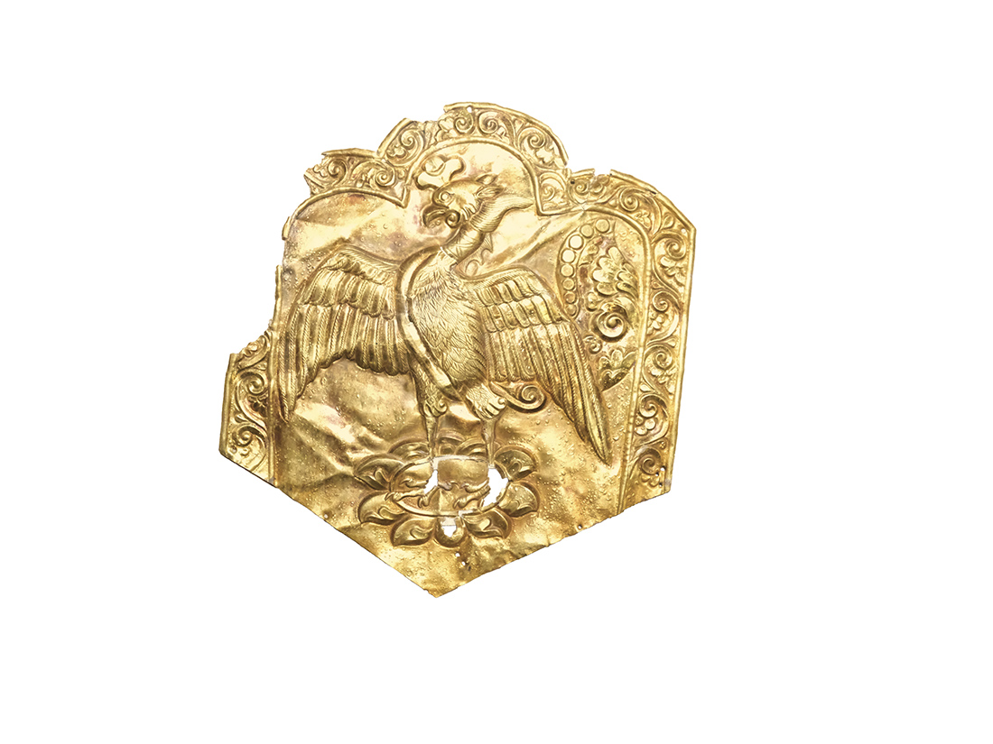 銀鎏金花盤立鳳飾片